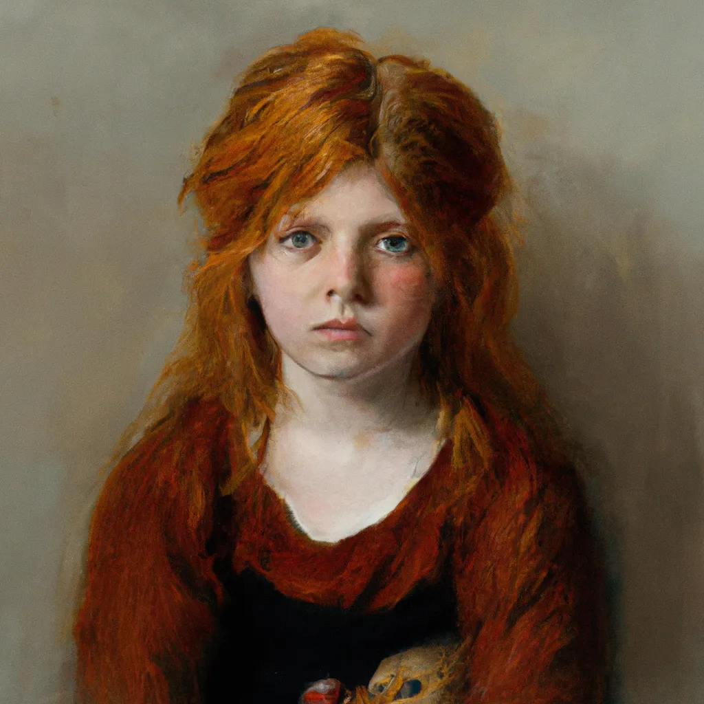 Prompt: cosy, professional painting portrait, teen red haired Girl with messy hair, looking at the viewer, detailed eyes, detailed eyebrows, medieval art, by Pierre-Auguste Renoirb, nostalgic lighting, centered, 