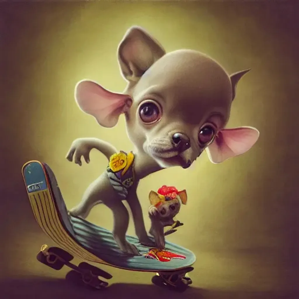 Prompt: a tiny cute dog, painting a picture, skateboarding, soft smooth lighting, ultra sharp focus, soft pastels, dark background  [ collaboration with wlop,artgerm, Lisa frank, Karol Bak, Laurie Lipton, mark ryden, mc escher, Greg Rutkowski, Giger, Yamamoto], 3d octane render artstation trending 8k unreal engine blender, polycount, modular constructivism, pop surrealism, physically based rendering, Disney Pixar Dreamworks 