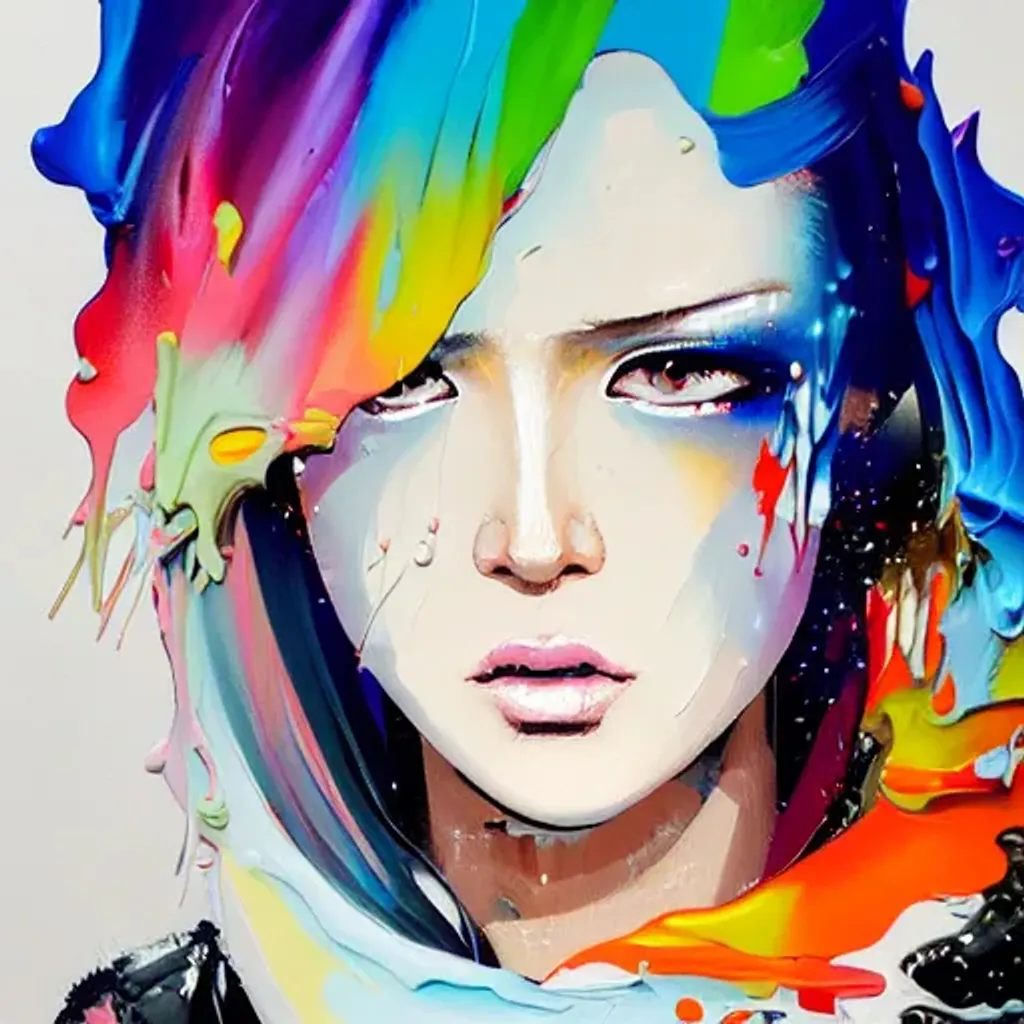 Prompt: "Acrylic color palette knife style oil painting 3/4 full portrait High fashion model ink punk+with Melting liquid LED lights fiber optic hair+Hiroaki Takahashi art+ultra perfect composition+3d liquid detailing+fluid acrylic+by greg tocchini+james gilleard+joe fenton+kaethe butcher+Bosch+Dan Mumford+Sam Yang+Seb McKinnon+Peter Chung+hideyuki morioka+ito ogure+vofan+greg rutkowski+victo ngai+Kandinsky art style a vast shooting star filled sky+compositional direction+visual tension+structural net+by Boris Artzybasheff+greg tocchini+james gilleard+joe fenton+kaethe butcher+Bosch+Dan Mumford+Sam Yang+Seb McKinnon+Peter Chung+hideyuki morioka+ito ogure+vofan+greg rutkowski+victo ngai+an opulent cybernetic city background relative apparent size+by greg tocchini+james gilleard+joe fenton+kaethe butcher+Bosch+Dan Mumford+Sam Yang+Seb McKinnon+Peter Chung+hideyuki morioka+ito ogure+vofan+greg rutkowski+victo ngai+ opulent masterpiece oil painting+tech punk+cybernetics+Keyshot+Redshirt+CGsociety+ray tracing+perfect composition+asymmetrical+lush vivid colors+Global cinematic illumination+photograph+DSLR+HDR+35mm lens+hyper realism+3d shading+pixiv+shadow depth+by Alberto Mieglo+Boris Artzybasheff+Warpsol+Bosch+Jamie Hewlett+Moebius"