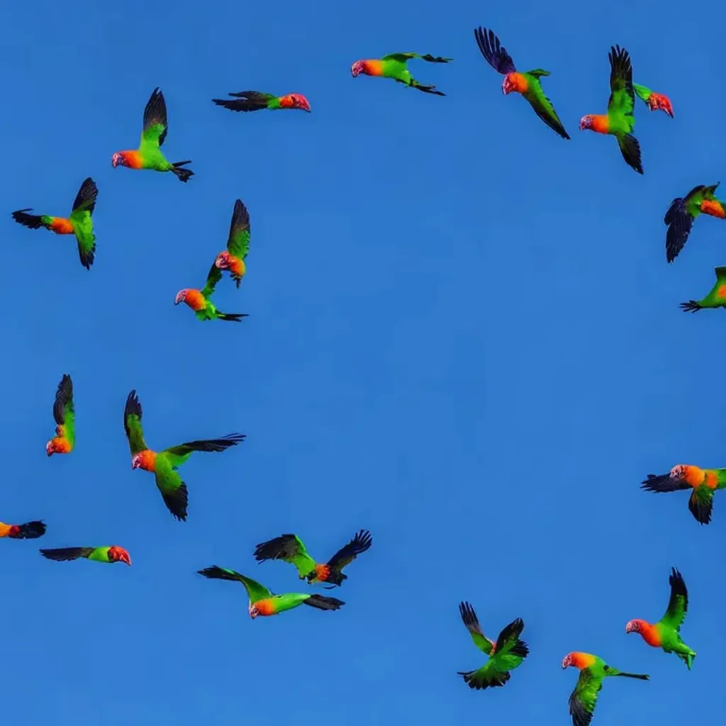 Prompt: A national geographic photo of rainbow lorikeets flying in a circle 