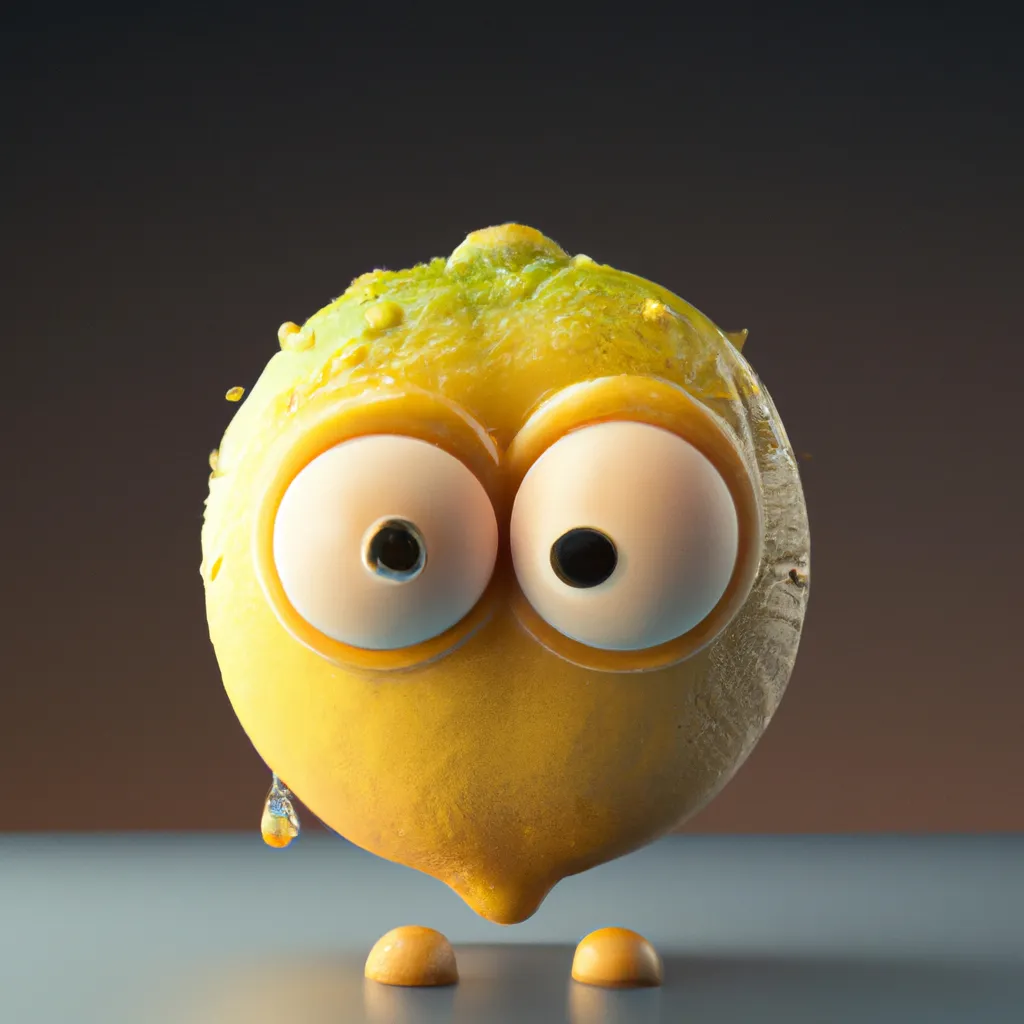 Prompt: Lemon character, adorably cute large eyes, haze, glistening lemon juice, flat contrasting matt background, ultra-detailed, film photography, light leaks, Larry Bud Melman, trending on artstation, sharp focus, studio photo, intricate details, highly detailed, by Greg Rutkowski