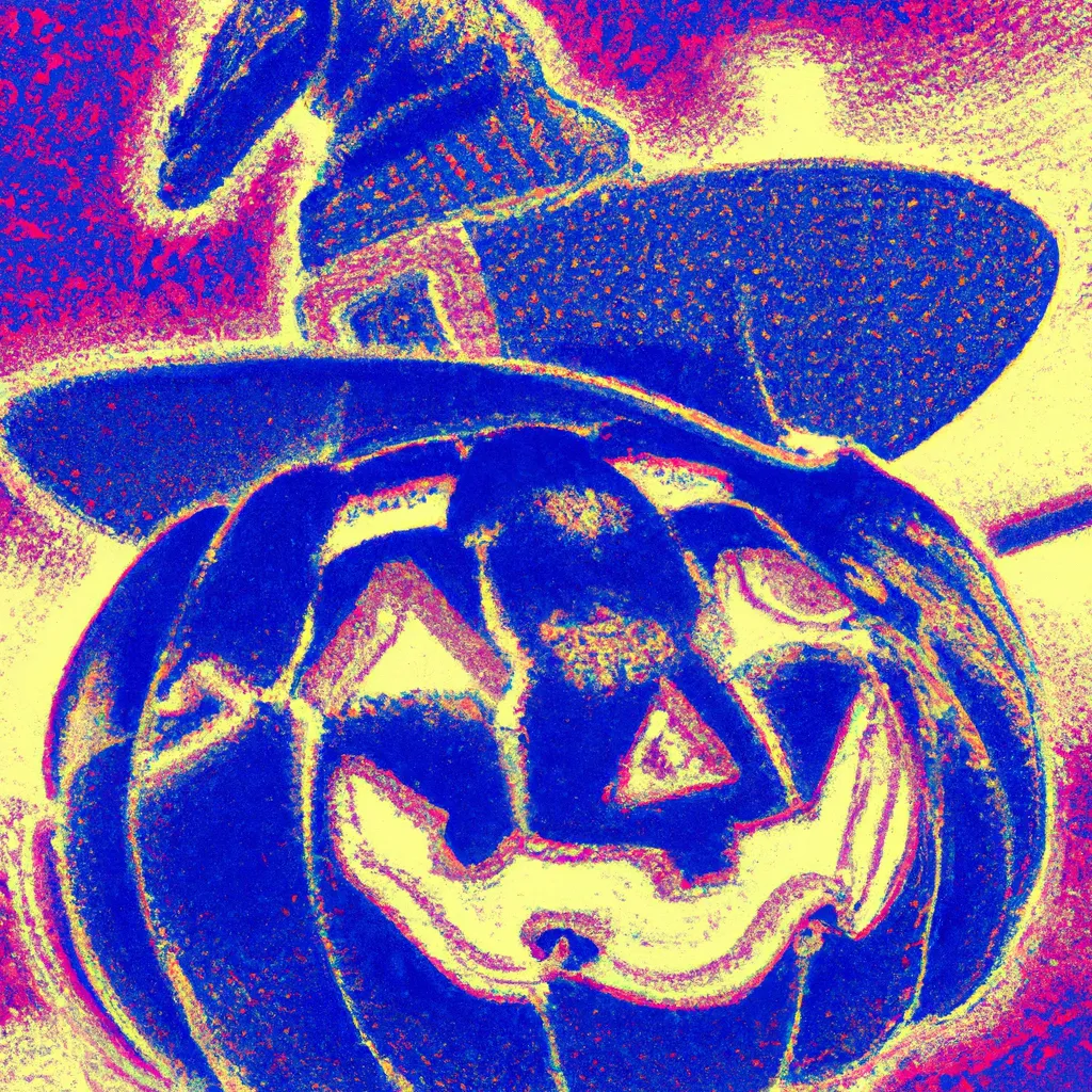 Prompt: a Ukiyo-e comic book styled vintage risograph of a lit jack-o'-lantern wearing a witch hat,4K,moody,award winning, trending on art station,goofy funny spooky scary mysterious halloween horror vibe, intricate details,digital art,incredible design