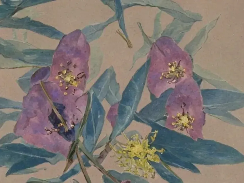 Prompt: An oil painting of eucalyptus blossoms. By [Henry Turner|Ethel Carrick fox]