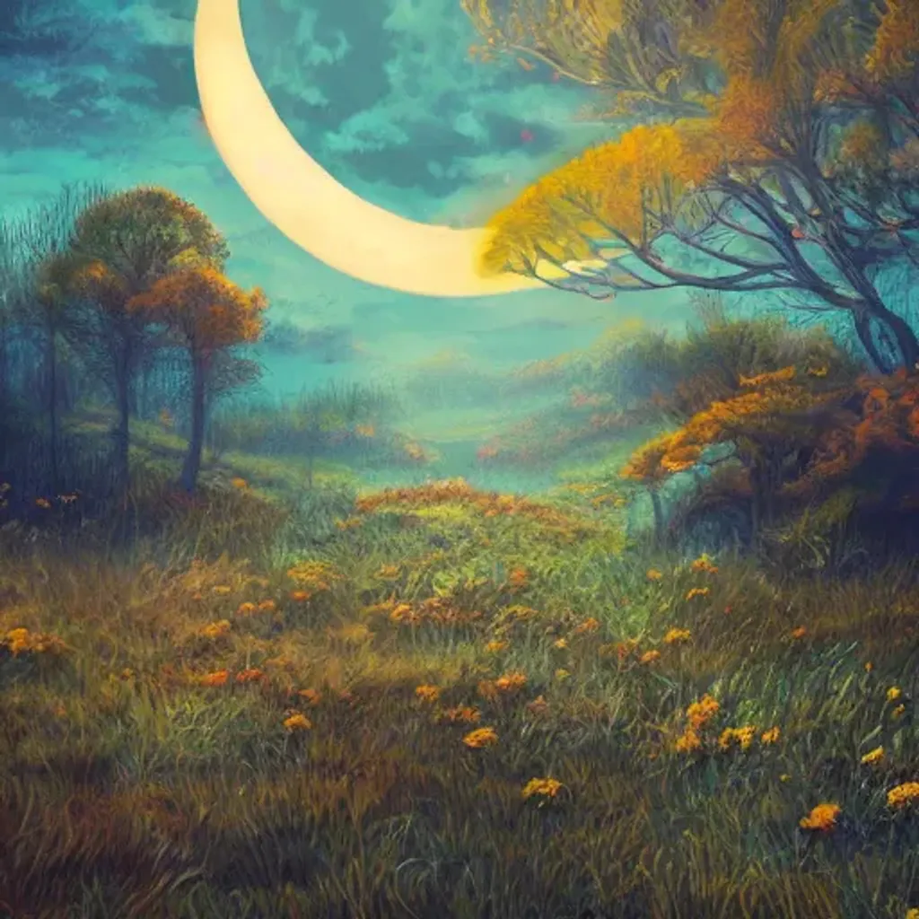 Prompt: Twilight. Surrealistic style, Very Colorful, Nature at night with moon, No people, Ethereal, Dramatic lighting, dramatic shadows, fiery, scary. Trending on artstation, trending on pixiv. Highly detailed Photo