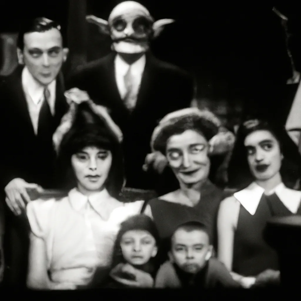 Prompt: a family photo of a family of spooky humanoid goth monsters on a 1960s sitcom, 35mm, 4k, panavision