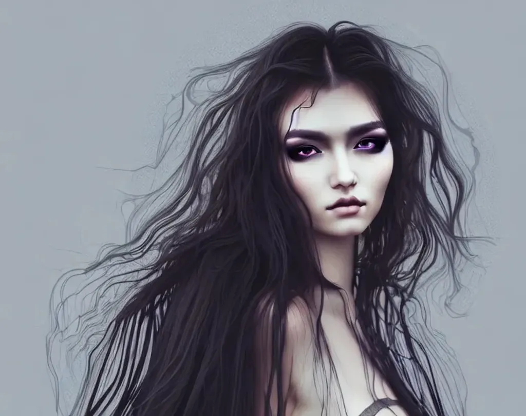 Prompt: Portrait of an ethereal gothic beautiful eurasian woman, smooth soft skin, detailed big dreamy black eyes with double eyelids, beautiful intricate shaggy hair, soft lighting, detailed face, minimal digital illustration