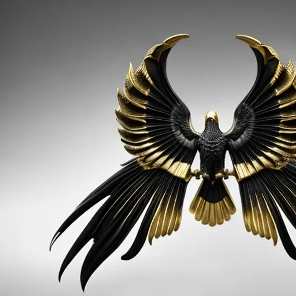 Prompt: black and gold eagle wings, symmetrical, 16k, HDR, RTX, insanely detailed and intricate, hypermaximalist, elegant, ornate, hyper realistic, super detailed, intricately ultra realistic, detailed face, medieval, cyberpunk, cyborg, to scale, hyper realistic, cinematic lighting, digital art, concept art, mdjrny-v4 style, (((Artstation))), engraved, luxury art, silver, leather, carbon, metal, maximum texture, sharp focus, gigapixel, skin pores, hard focus, 3D, raytraced, rendered