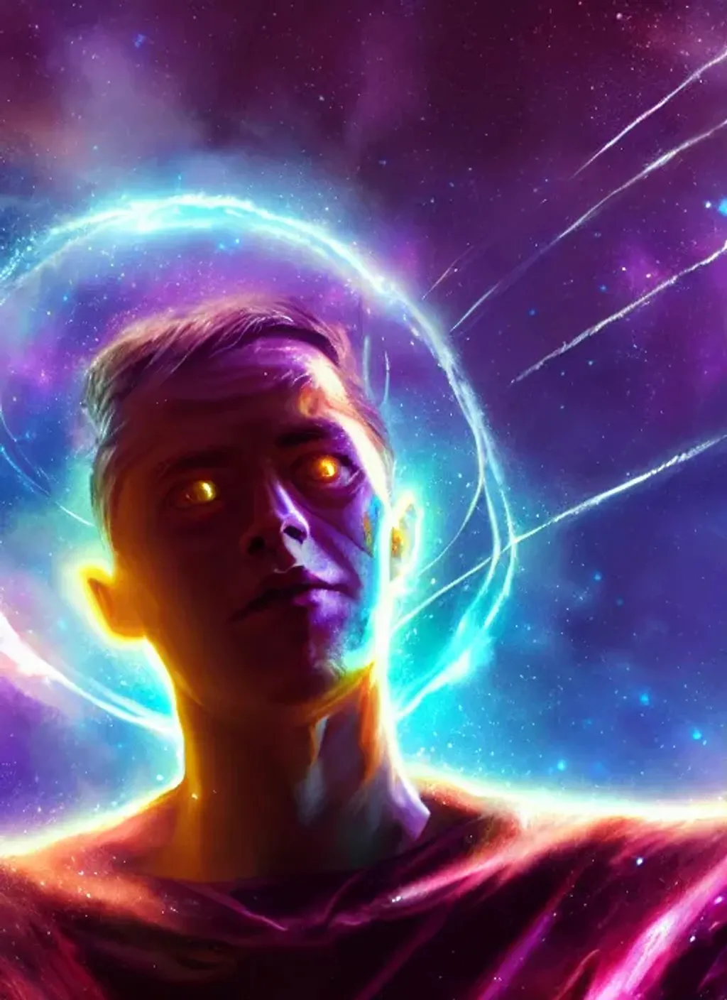 Prompt: galaxy bender experiencing the quantum field, elevated consciousness, beautiful astrological neural network, ben templesmith matte painting and sam spratt comic book art, realistic, trending on artstation, sharp focus, depth of field, cinematic composition, physics splashes of colors, highly detailed