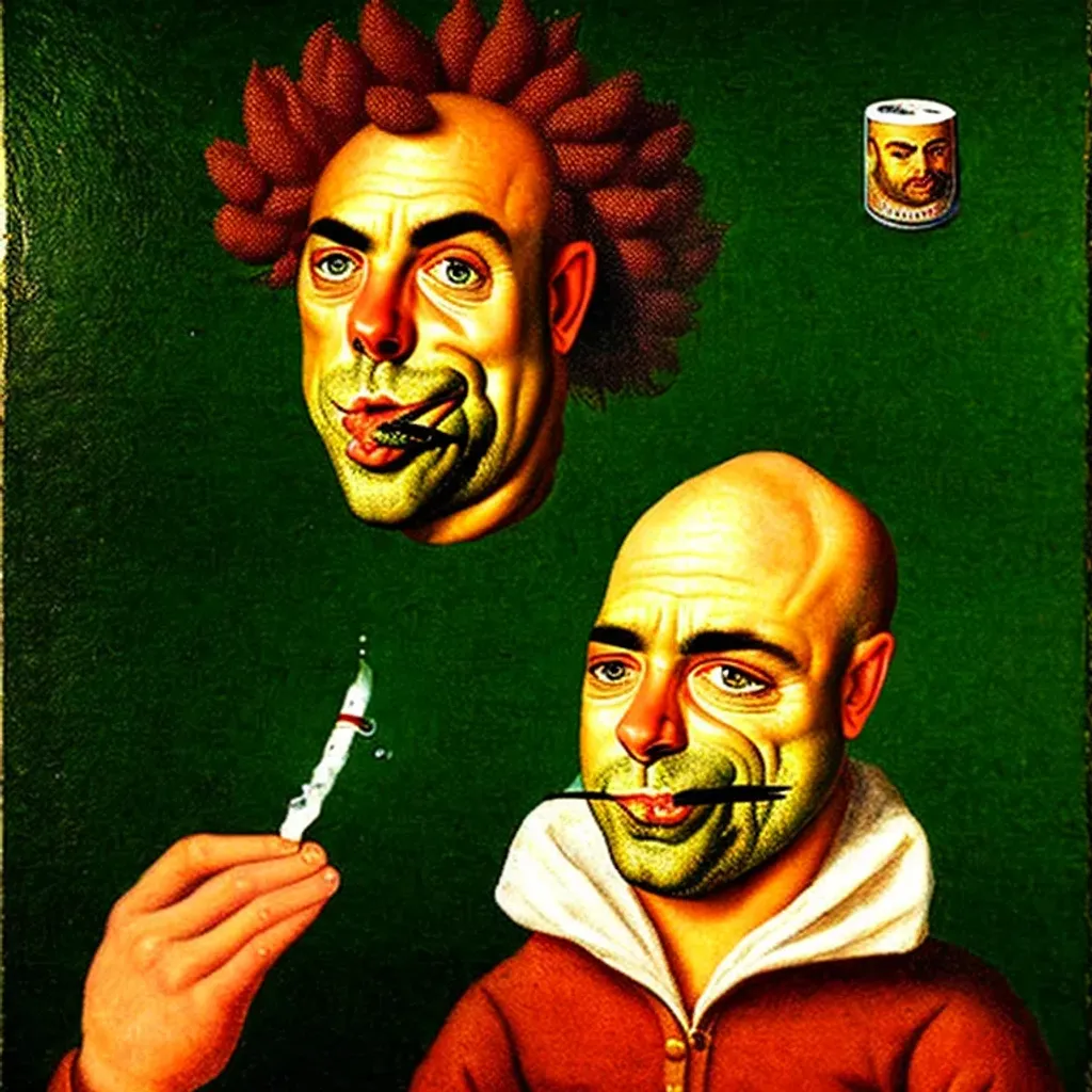 Prompt: A renaissance painting of a beardless Joe Rogan smoking weed