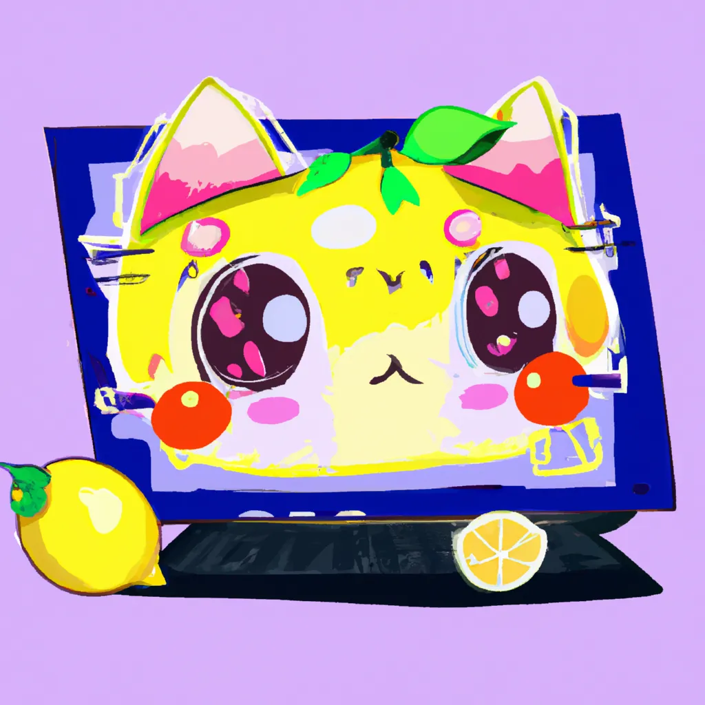 Prompt: Cute chibi  lemon cat with kawaii face painting on a computer