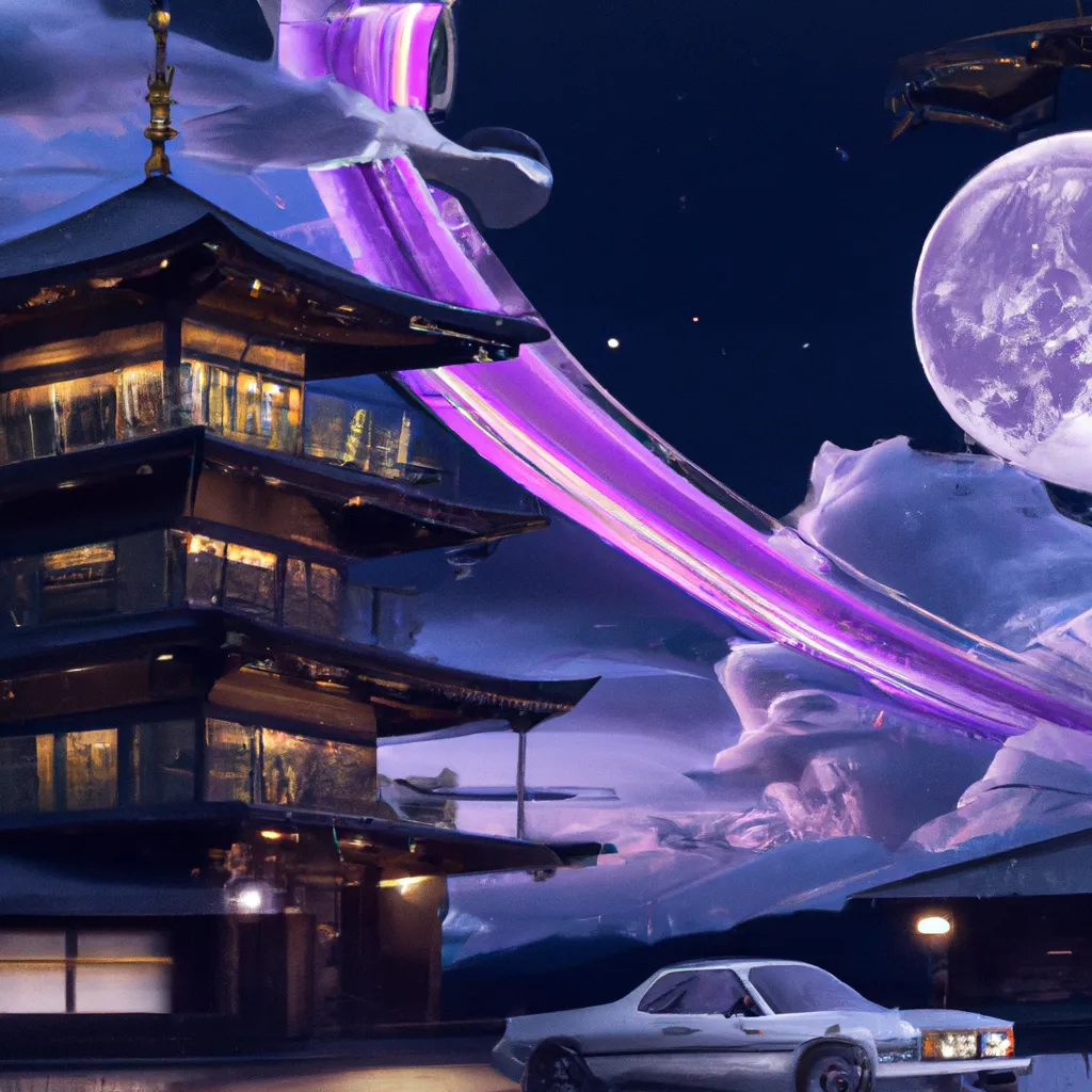 Prompt: a beautiful view of imperial japan, japanese building, spiral galaxy, vaporwave and synthwave, gorgeous vintage sports car, hiroshi nagai clouds, giant crescent moon in the background, intricate, insane level of detail, hyper-detailed, cinematic, inspiring composition, nostalgia and abstract, artstation HQ, 16k