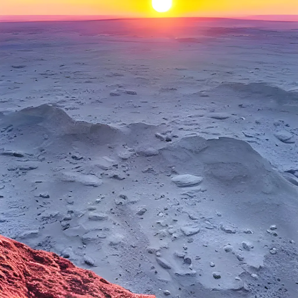 Prompt: Foreground below the horizon is a moonscape. There is no atmosphere. Craters and caverns cover the land. There is the ground of a alien world in the foreground below the horizon. The foreground is covered with various sharp looking edges of mountains and craters with high reflective surfaces in various iridescent colors. There is ice and rocks and metallic surfaces. Moonscape below the horizon covered with mountains different colored materials shiny also ice with various rainbow issues and iridescence. Background  above the horizon in the night sky is a galaxy huge looming fluffy central axis spiral arms mini different colored stars gas clouds glowing nebulas moons in the background   in the night sky are different colors pockmarked with craters. The background above the horizon is a night sky filled with stars and a giant galaxy. The giant galaxy is surrounded by gas clouds nebulas shining stars and moons covered with craters. The night sky above the horizon is dark except for the nebulas, galaxy, stars, moons. The night sky above the mid photo horizon is black and filled with stars and galaxies.