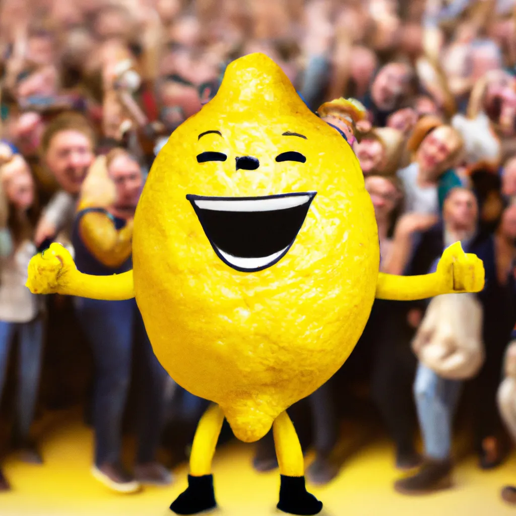 Prompt: 3-D, Photo-Realistic, Laughing Giant Lemon surround by huge crowd of, photo-realistic, ecstatic, cheering, dancing, lemon admirers
