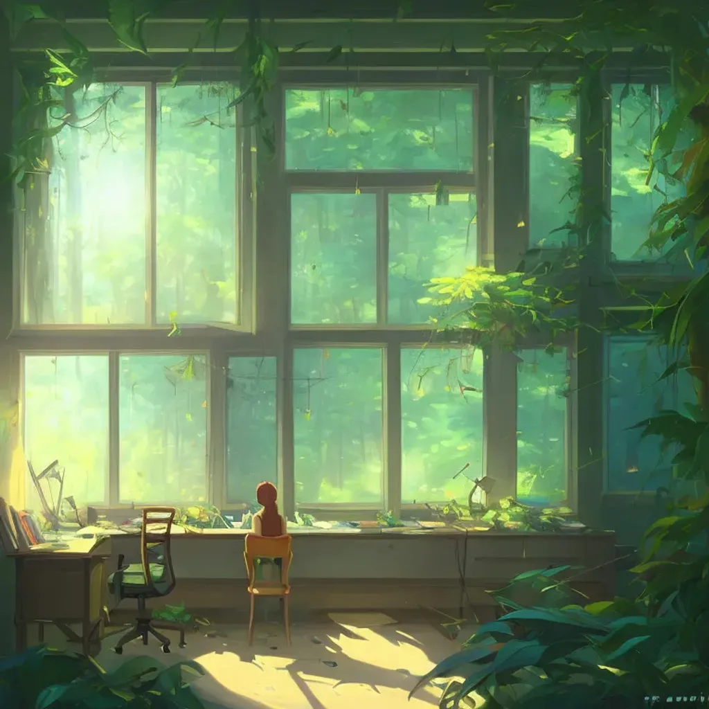 Prompt: beautiful oil painting of a study, desk, many fireflies, high ceilings. many plants. light reflections. large windows, a fish tank, sunny day, bedroom, green plants, perfectly shaded, atmospheric lighting, Beautiful Magical forest glen and jungle outside, 
style of makoto shinkai and peter mohrbacher, studio ghibli. artgerm, karol bak, beeple, oil painting style, 8 k hd, ultra wide angle, hyper detailed., CryEngine, in the style of Pixar, studio ghibli, lothlorien tolkien inspired, digital art, fantasy art, concept art, environment art 
