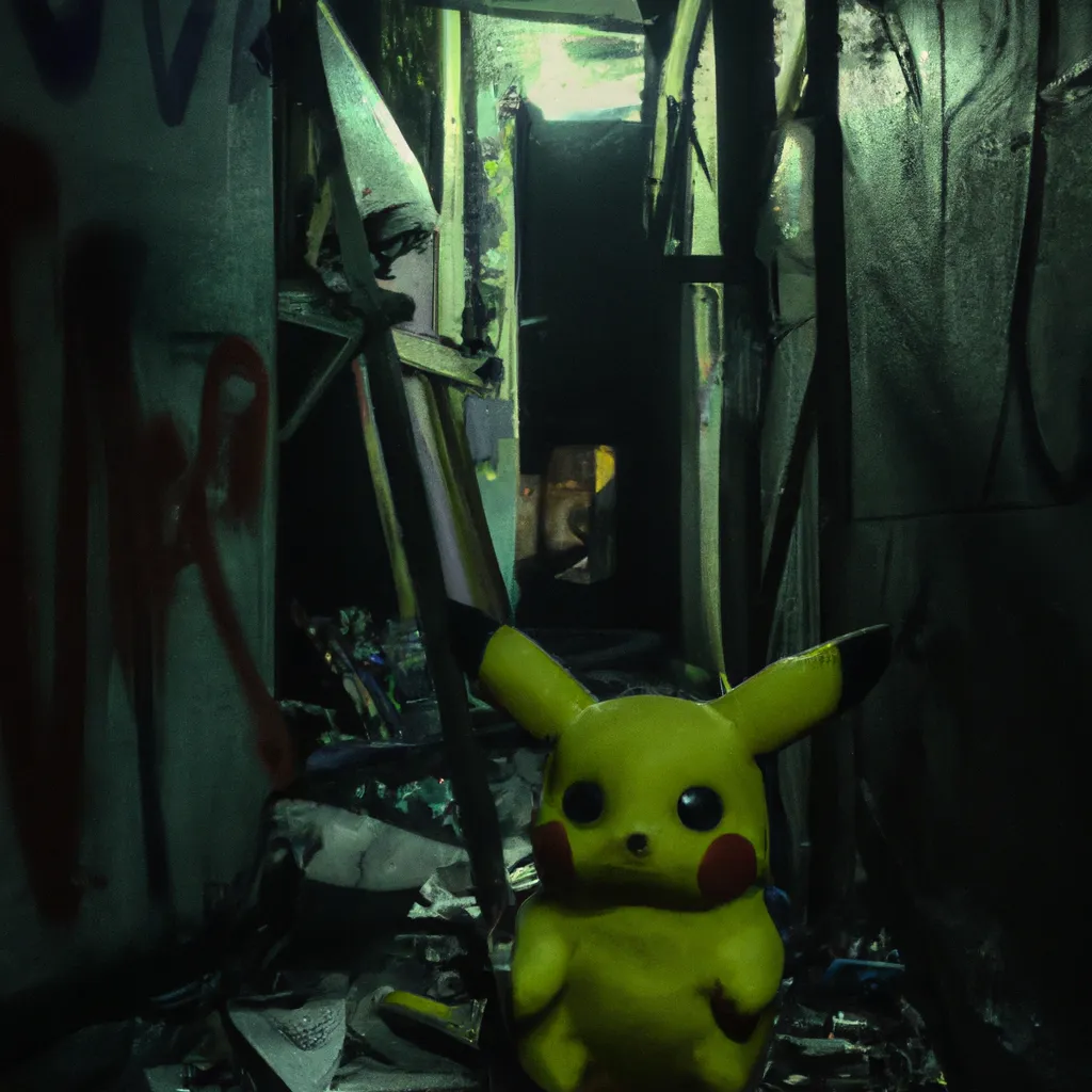 Prompt: creepy Pikachu, standing in a messy alleyway  eerie, liminal space, Horror