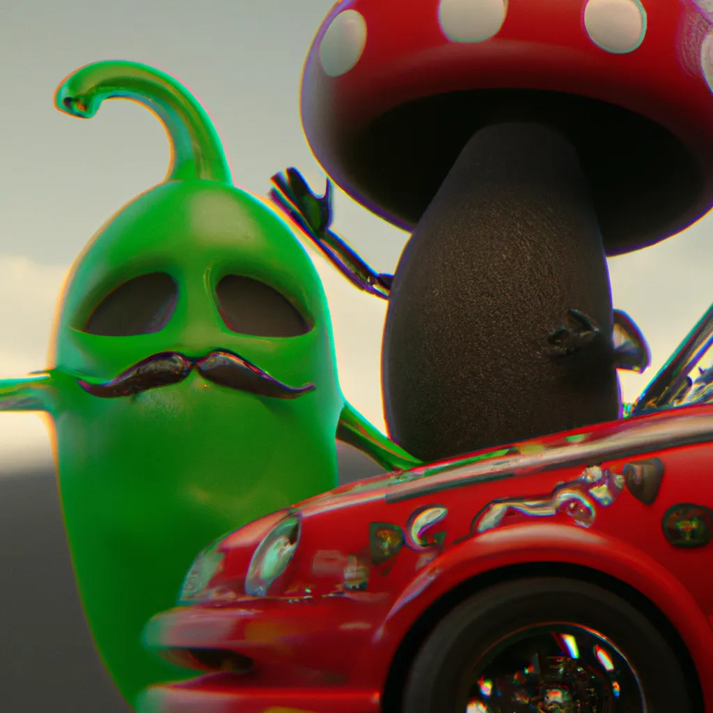 Prompt: Two race cars of anthropomorphic hot chilis peppers, one red and one green, racing with each other, cyberpunk, redshift render, 4k ultra-detailed  | Giant Cosmic mushroom  | cute girl | in the style of Magritte  | use brown, black, gray, white soft muted colors | 3d render | octane lighting | dream fantasy | computer chip| IC chip | golden ratio | Disney Pixar Dreamworks 