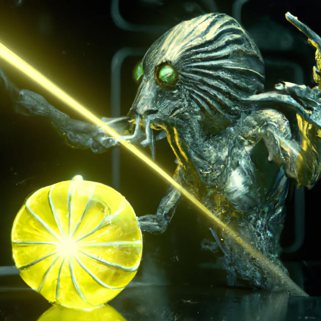 Prompt: A spectacular 3D render of a humanoid Cthulhu, Fabergé, radioactive lemon, that shots a futuristic laser, at an hostile alien army. Dramatical rays of light, skeumorphism, ultra high quality, unreal engine, super realism, shot on Nikon 80 mm, H.R. Giger, John Atkinson Grimshaw, M.C. Esher, Artstation.

