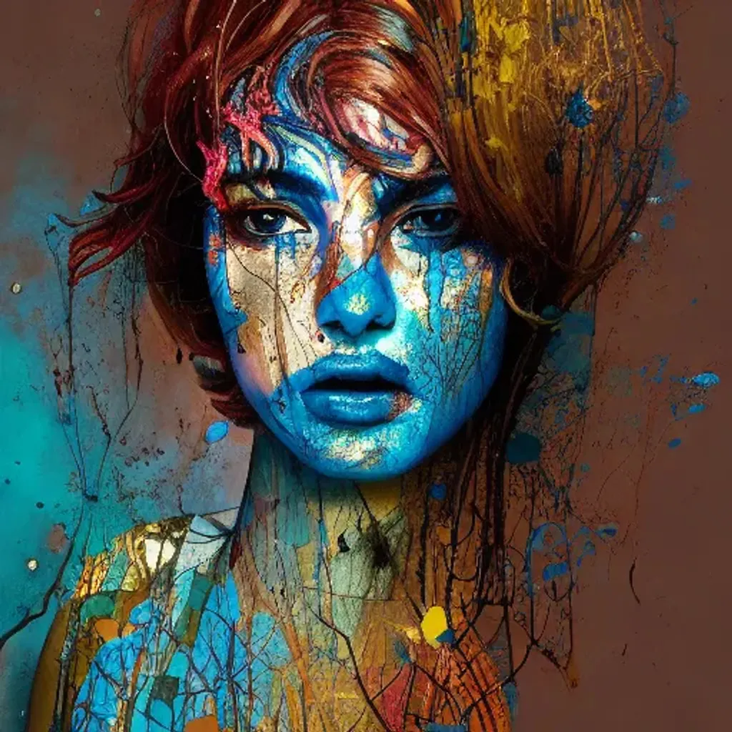 Prompt: 16 year old beautiful girl, dissolving into thick azure grez by yossi kotler + carne griffiths, sponge painting, chiaroscuro, centered, line drawing, windswept, acrylic splatter, texture painting, brown azure beige burntsienna, rim light, unreal engine 