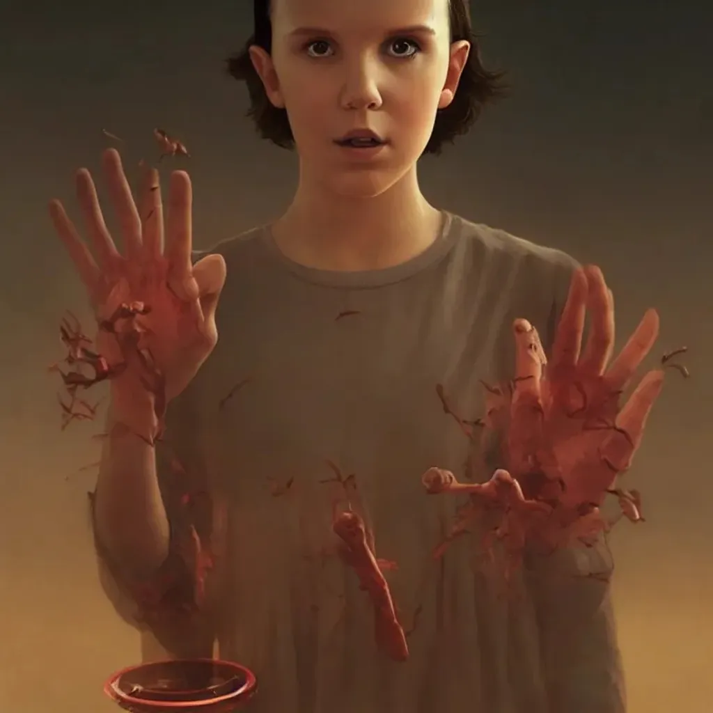 Prompt: Millie Bobby Brown from Stranger Things facing the camera with her hand outstretched with things floating all around her, fullbody, intricate, highly detailed, artstation, concept art, smooth, sharp focus, illustration, art by greg rutkowski and orientalism and bouguereau and Zdzislaw Beksinski, good clear quality, lighting, biology, symmetrical artwork, perfect face, 135 mm, cinematic, hyper realism, high detail, octane render, 8k, chrome accents