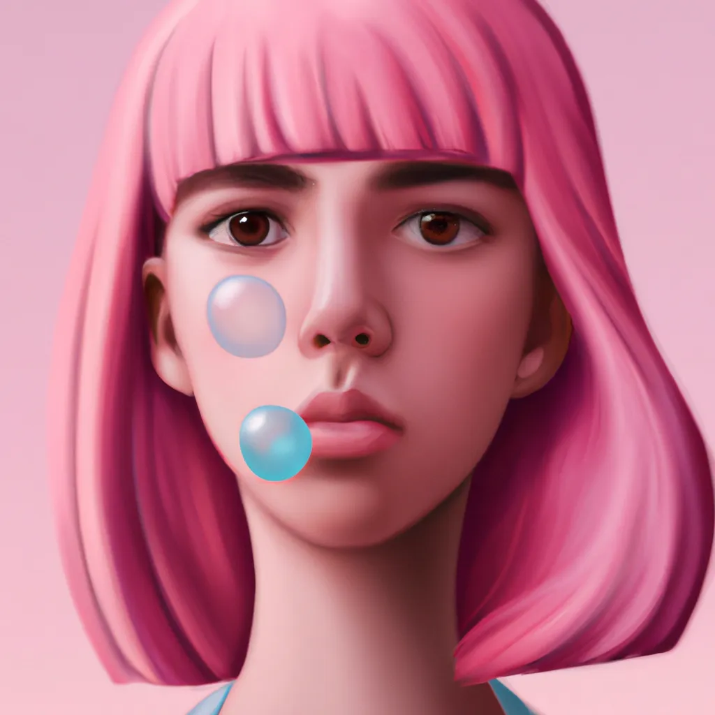 Prompt: Portrait of Girl with bubble gum pink hair and with cute face, perfect composition, hyperrealistic, super detailed, 8k, high quality, trending art, pink background 