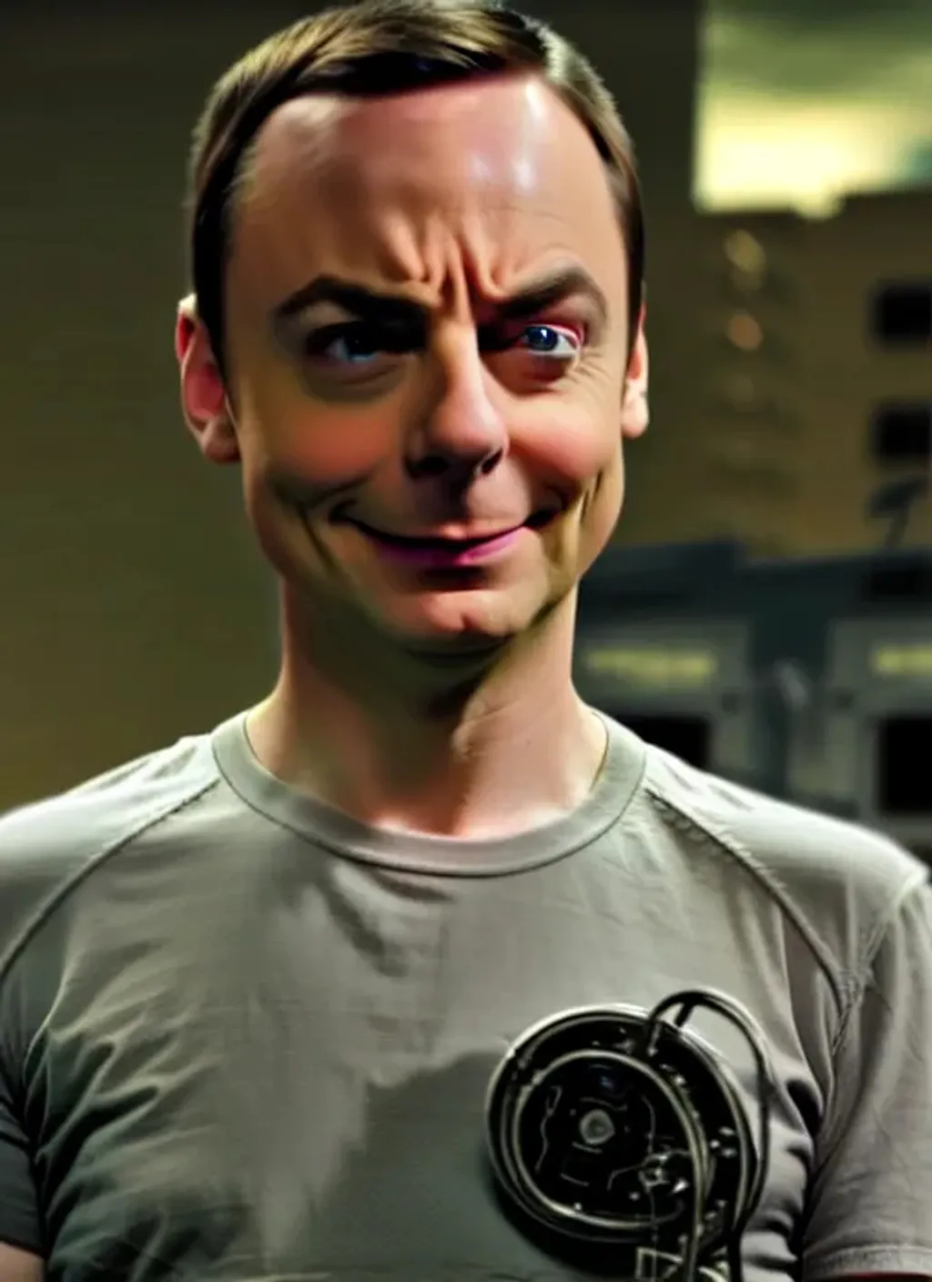Prompt: Movie screenshot of Sheldon Cooper as a cyborg, 2010s