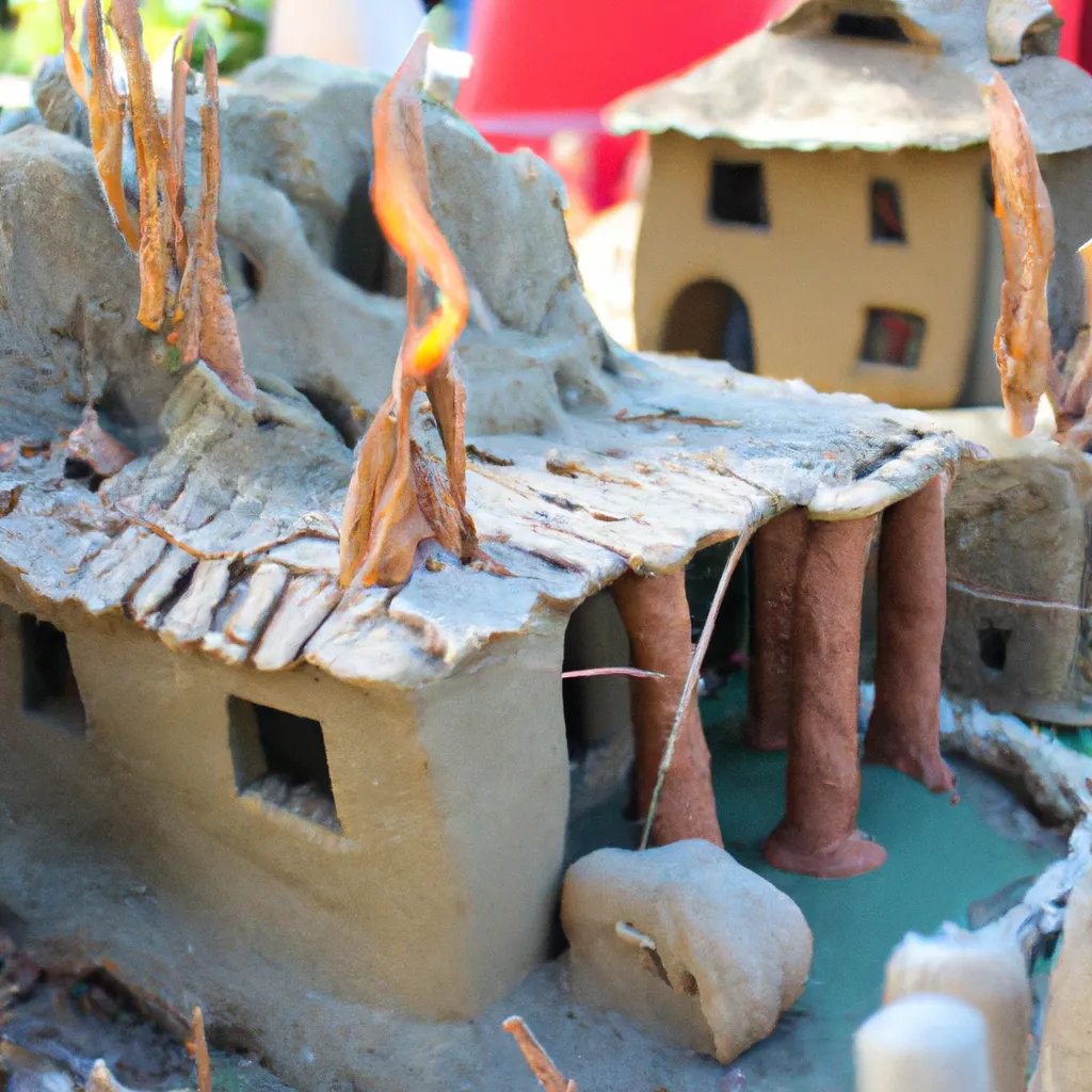 Prompt: clay recreation of a burning villiage 