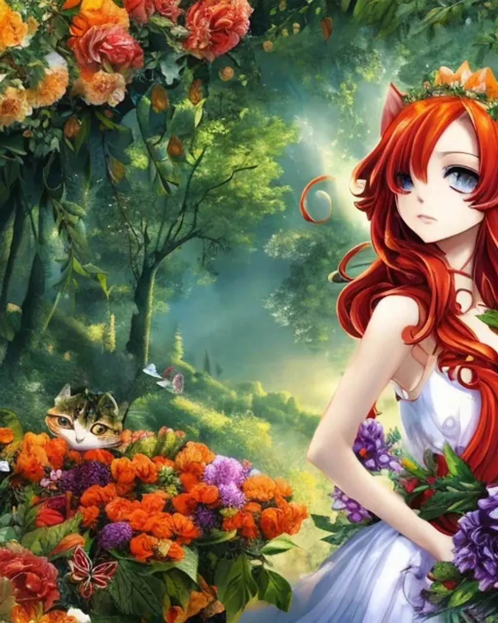 Prompt: masterpiece,best quality,CG,wallpaper,HDR,high quality,high-definition,extremely detailed, (cat girl, cat on shoulder, flower, petals, orange intricate clothing, red hair,)