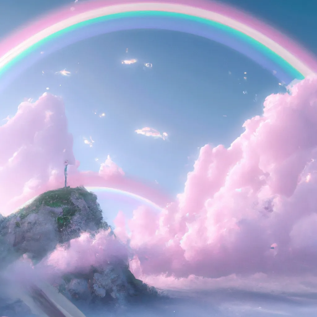 Prompt: A  magical pink sky with a rainbow and white cute clouds, digital art,  art by Caspar David Friedrich, art by Stephan Martiniere, art by Jessica Rossier, Trending on ArtStation, 8K, unreal engine