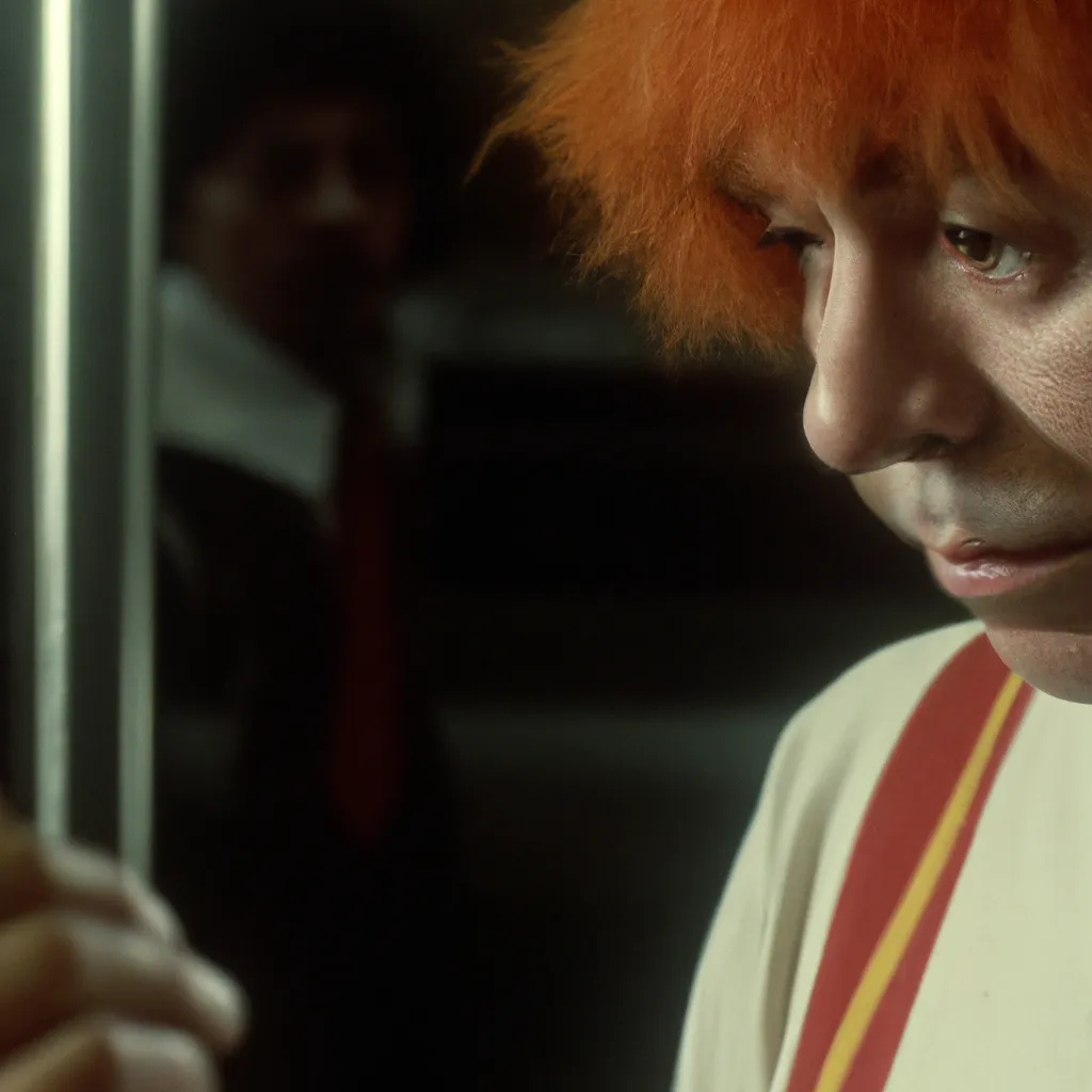 Prompt: A film still from a gritty 1970s Martin Scorcese movie about Ronald McDonald. Realism. 4k. 8mm. Grainy. Panavision.