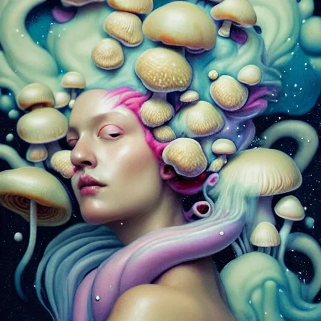 Prompt: Rococo, pastel, liquid slime portrait by Ryan Hewett, hq, Beautiful woman with mushrooms growing out of her hair, victo ngai, hq, fungi, celestial, moon, galaxy, stars 