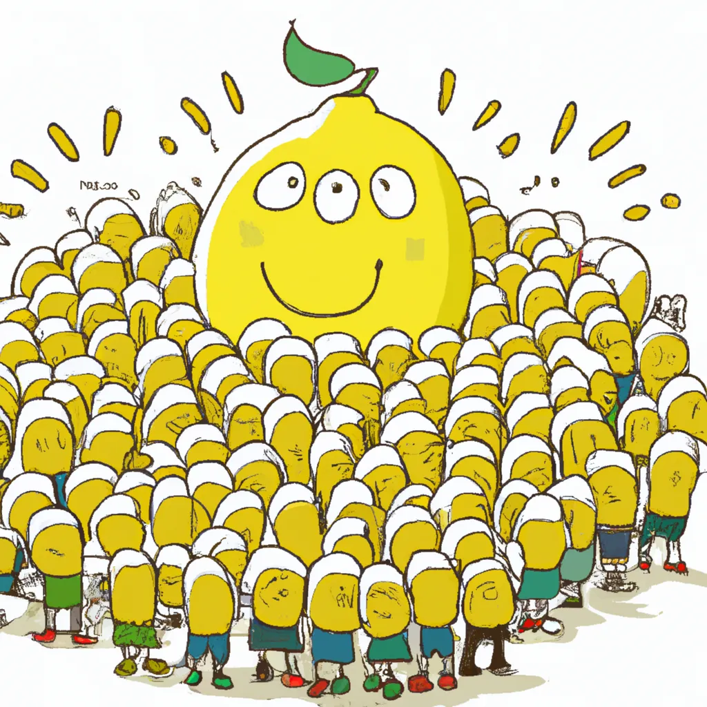 Prompt: Happy Giant Lemon surround by huge crowd of cheering lemon admirers
