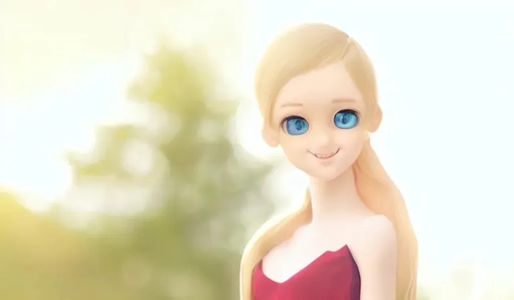 Prompt: Young girl, sleek, blond, curly hair in a ponytail, pale skin, pale blue eyes, simple red dress, smiling, extremely detailed, realistic.