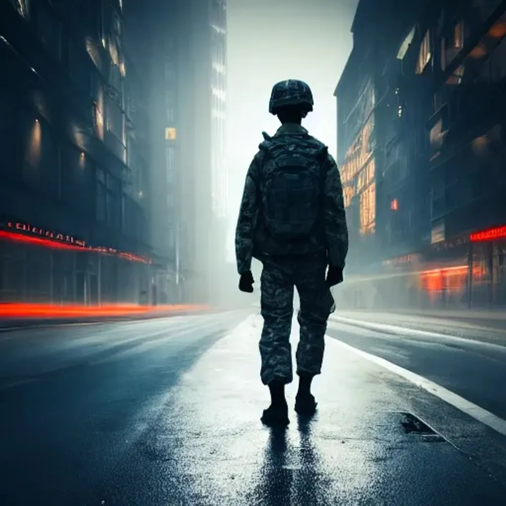 Prompt: modern soldier in a city with buildings, dark orange scene, fog, realistic 4k