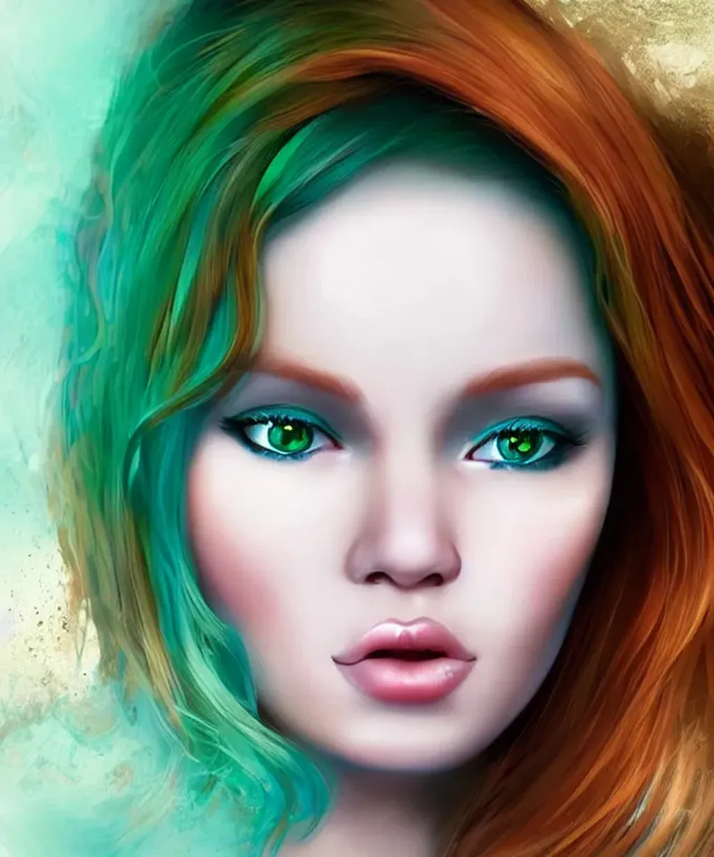 Prompt: high definition digital painting of a beautiful young girl with auburn hair big bright shiny emerald green  and teal blue eyes with shiny eyeshadow perfect nose high cheek bone plump burgundy lips, artgerm, award-winning cgi