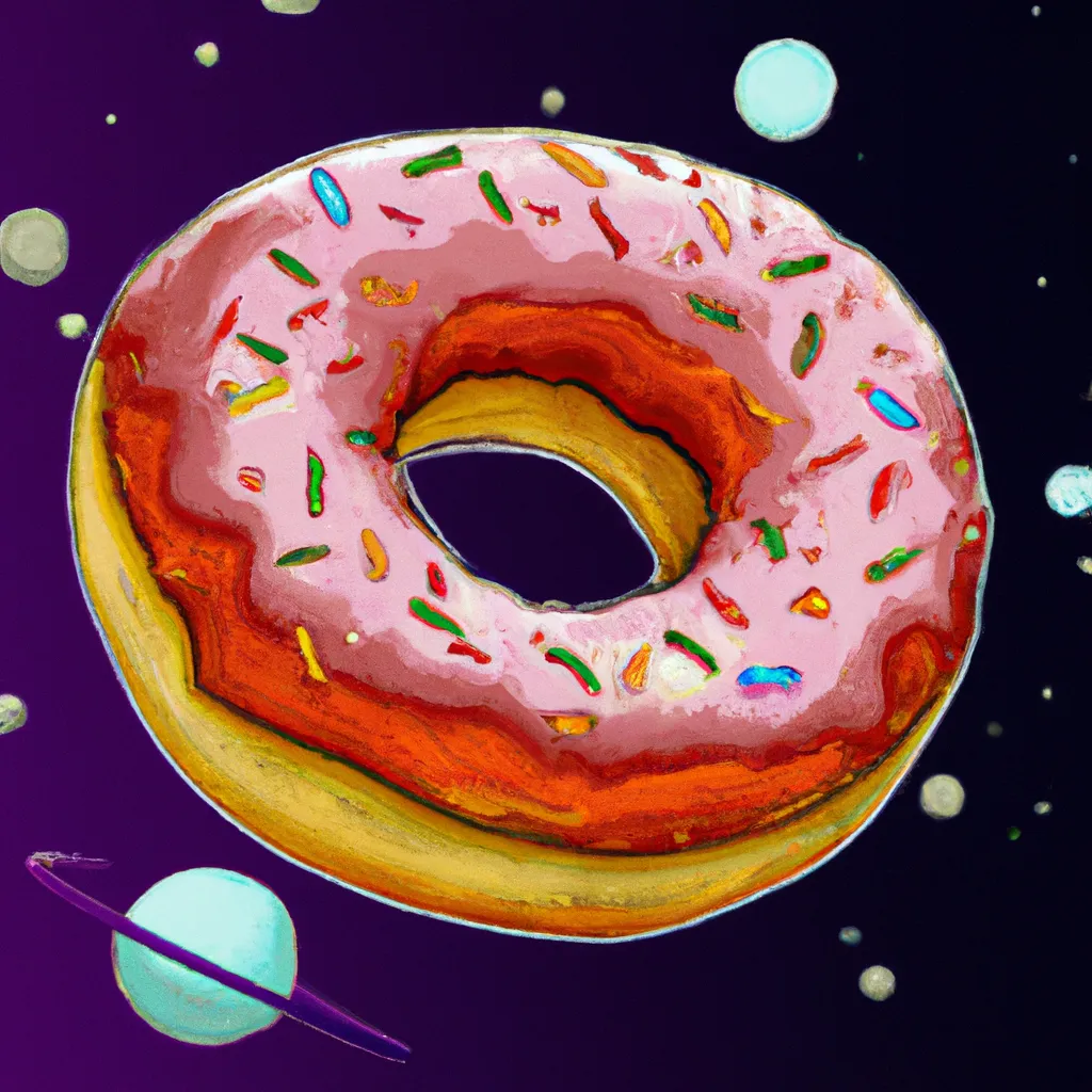 Prompt: A big detailed donut flying in space