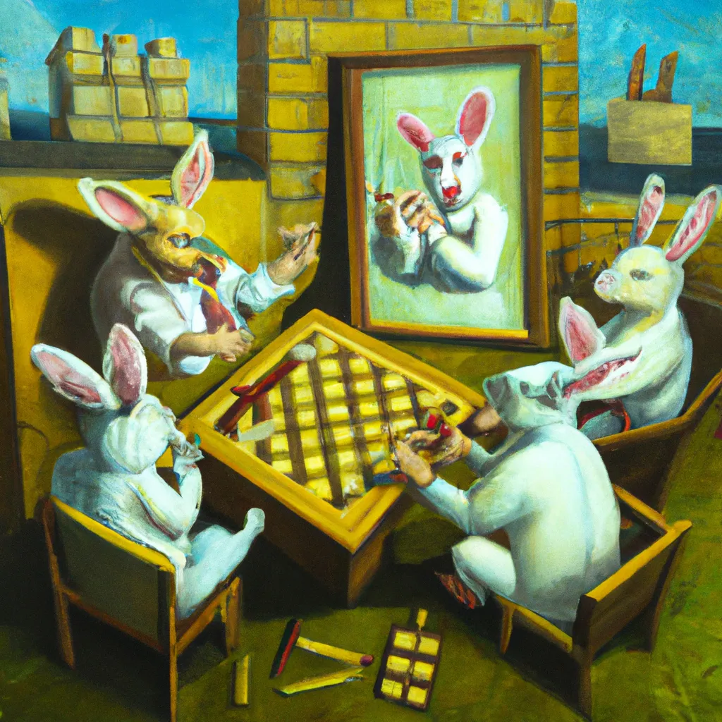 Prompt: cigar smoking bunny`s playing boardgame oil painting

