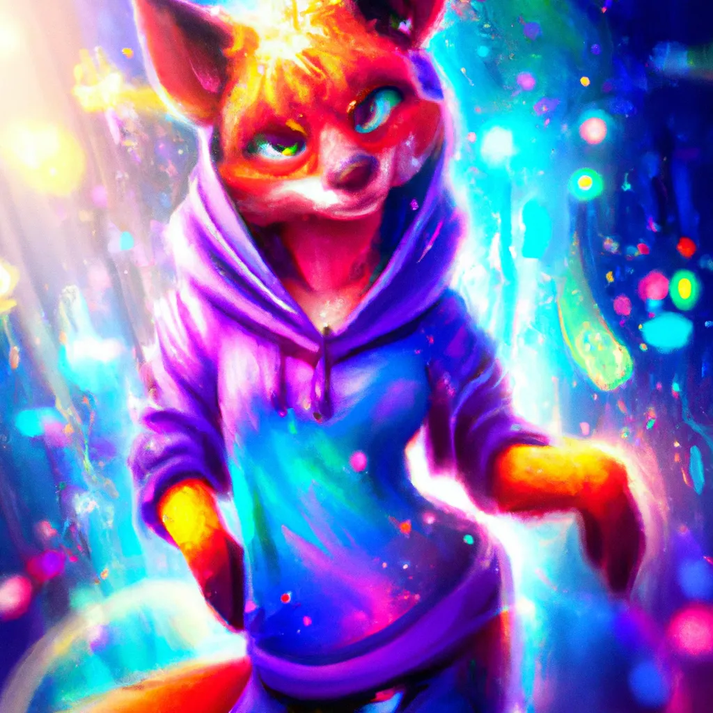 Prompt: A dreamlike state of color pastel high contrast of an anthro fursona adult female furry red fox wearing a purple cozy hoodie with constellations adorning the sleeves who's vertices are rainbow and shimmering in the light, main color red and blue, surface like an oil spill,  high detail, full animal, artstation, splash of color, dynamic lighting