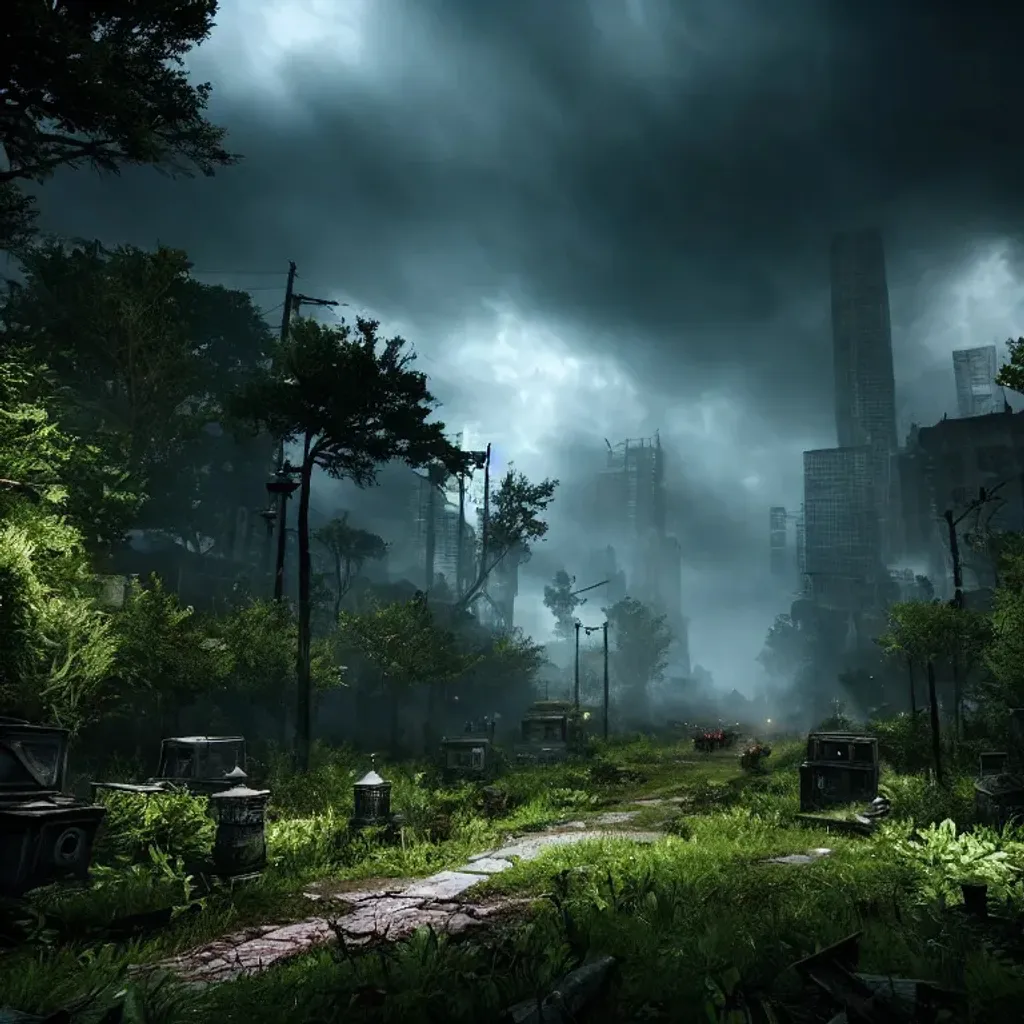 Prompt: an overgrown and ruined city full of zombies, cinematic lighting, establishing shot, extremely high detail, photo realistic, cinematic lighting, highly detailed, hyper realistic, dark atmosphere, unreal engine, 4k, 8k, realistic, attention to detail, high quality, lifelike render