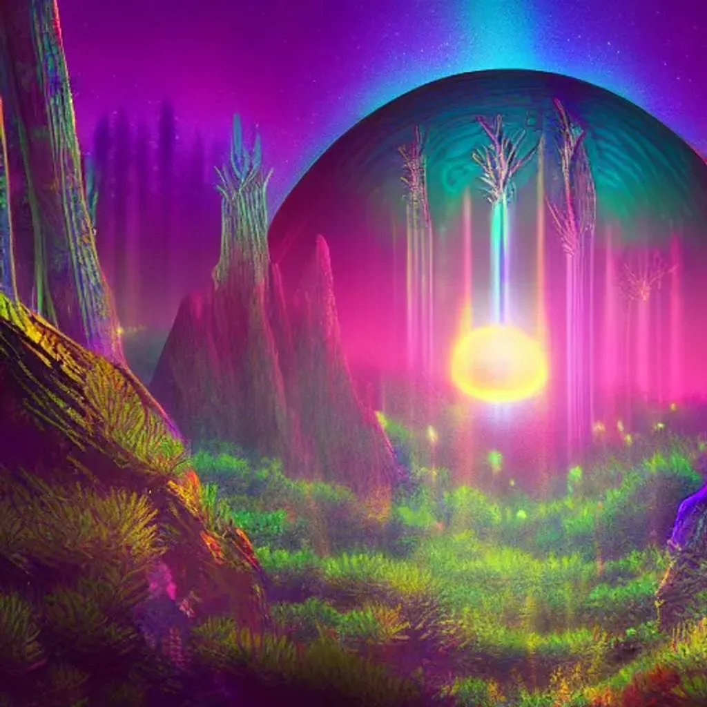 Prompt: Iridescent alien forest, mountain in the background, three moons, hyper detailed, digital art, video game