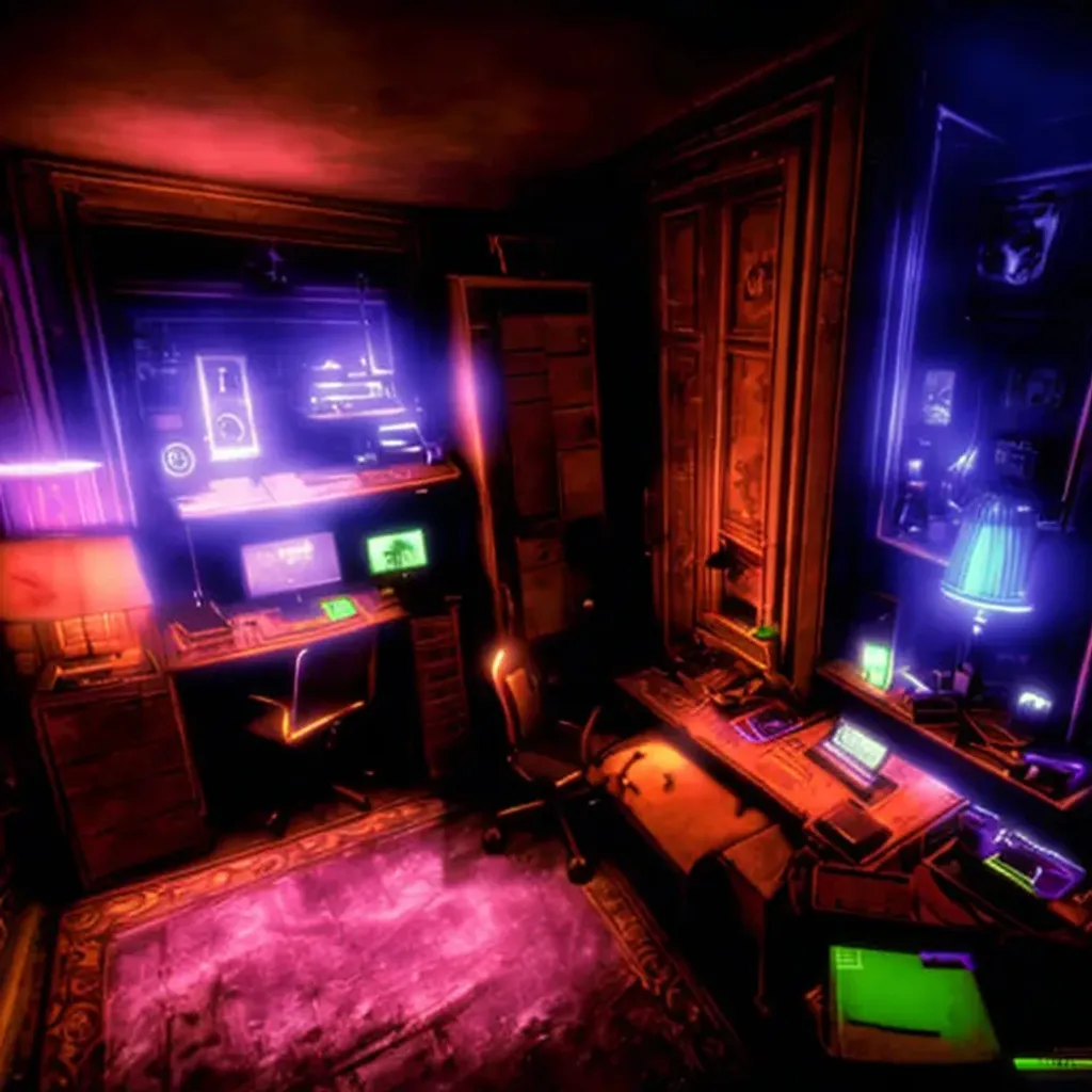 Prompt: bioshock's rapture in neons in a fort frolic, bedroom apartment with a bed and a desktop workspace with 3 computer monitors, warm lights and purple neons