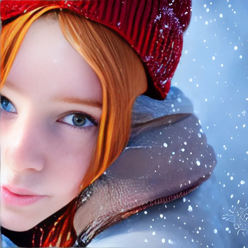 Prompt: Teen redhead girl, freckles,, sunlight, sunshine, snow, winter, realistic, detailed, HD