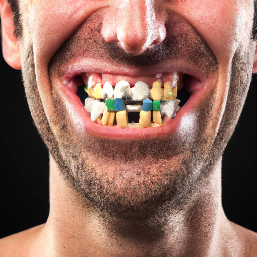 Prompt: man smiling, his teeth are actually small houses