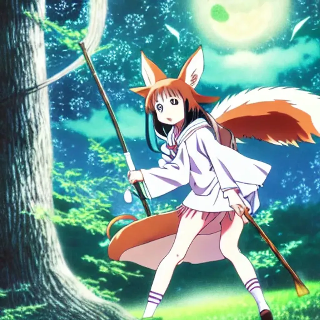 Prompt: Anime key visual of a witch with fox ears smiling flying through the magic forest on a magic broom;  Hayao Miyazaki; official media; pastel colors; Kagami Yoshimizu; Lucky Star 