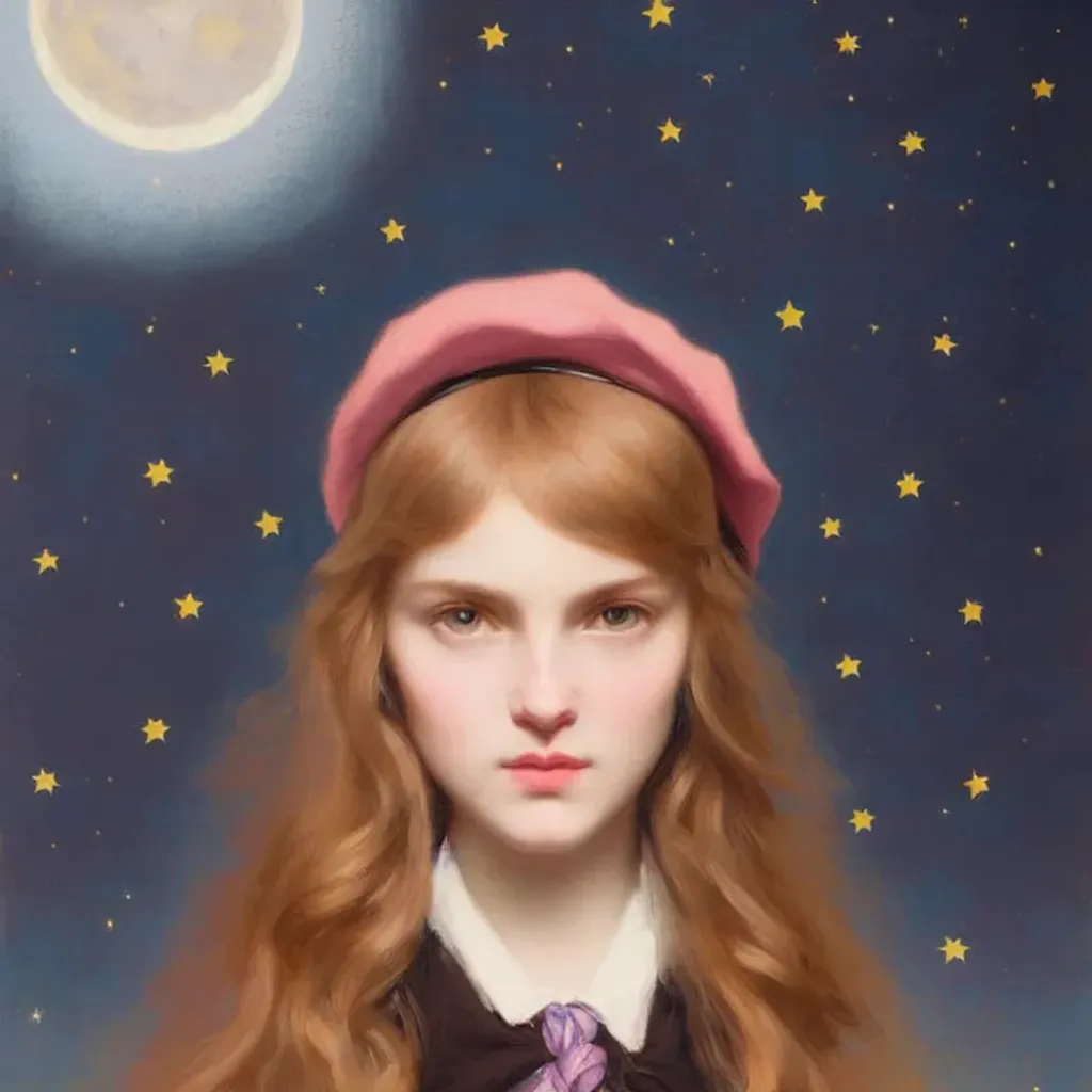 Prompt: Schoolgirl with a beret, cute detailed face. Night, moon, stars background. by Jeremy Lipking and Gengembre Anderson. Masterpiece, vivid colors, pastel colors