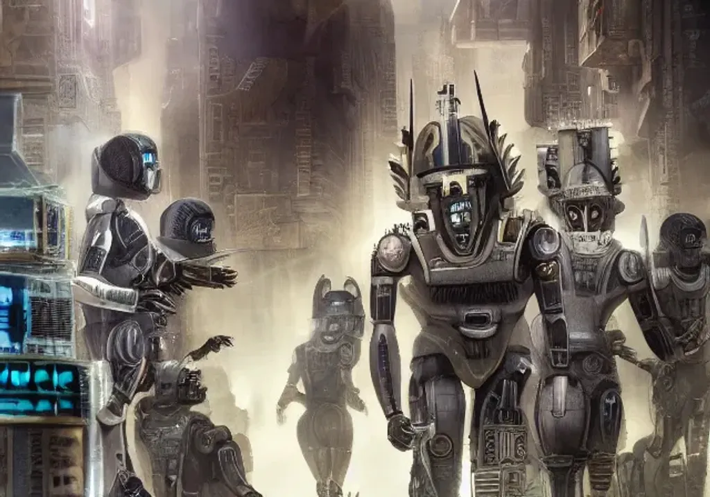 Prompt: running Anubis robots invasion army. dystopic science fiction.  8k hdr steampunk cyberpunk