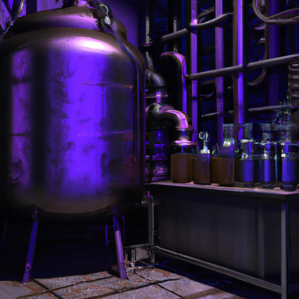 Prompt: A tank full of glowing purple liquid, metal pipes, underground laboratory, steampunk, photorealism