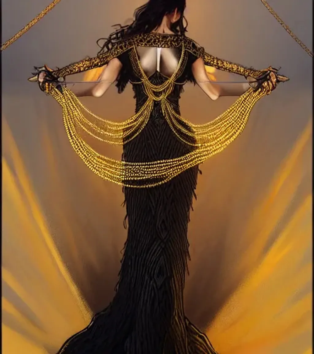 Prompt: dress made out of spiked golden chains. bound by black chains, golden collar, golden eyes, elegant updo, fantasy, screaming, dramatic, digital painting, artstation, smooth, sharp focus, illustration, art by artgerm and greg rutkowski and alphonse mucha