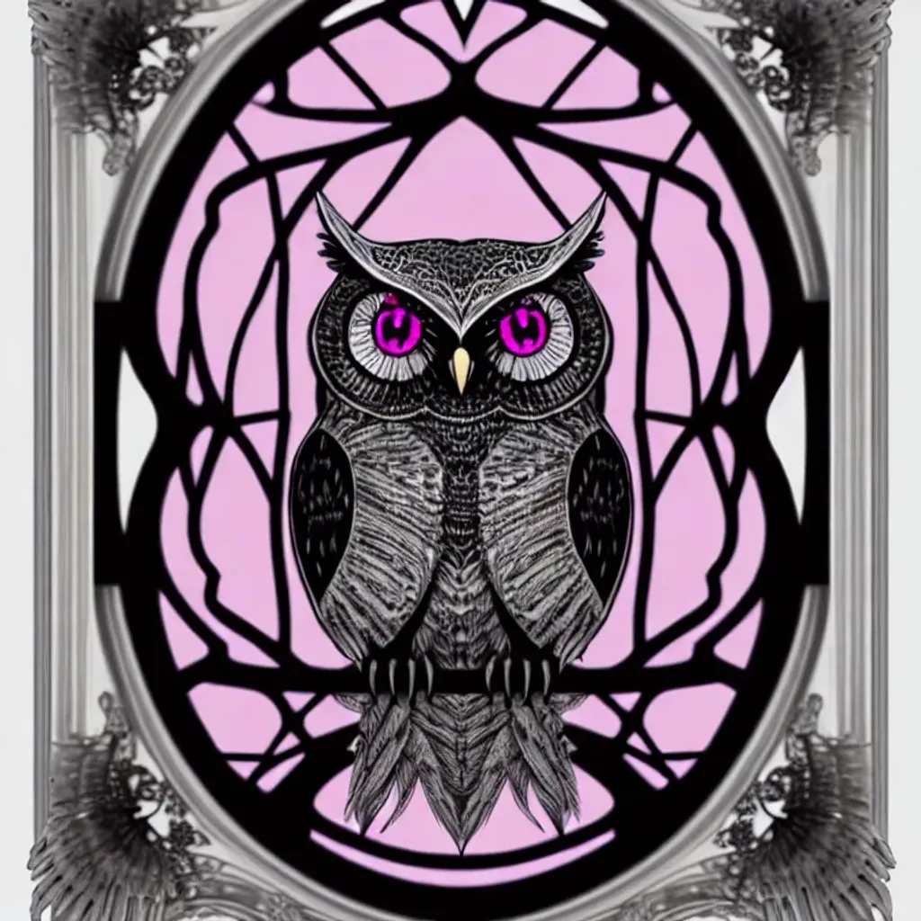 Prompt: A digital image of a gothic owl, outdoors natural light,  colours silver pink black, exceptionally detailed and intricate, exquisite, full moon frames owl. 32k UHD, HDDR