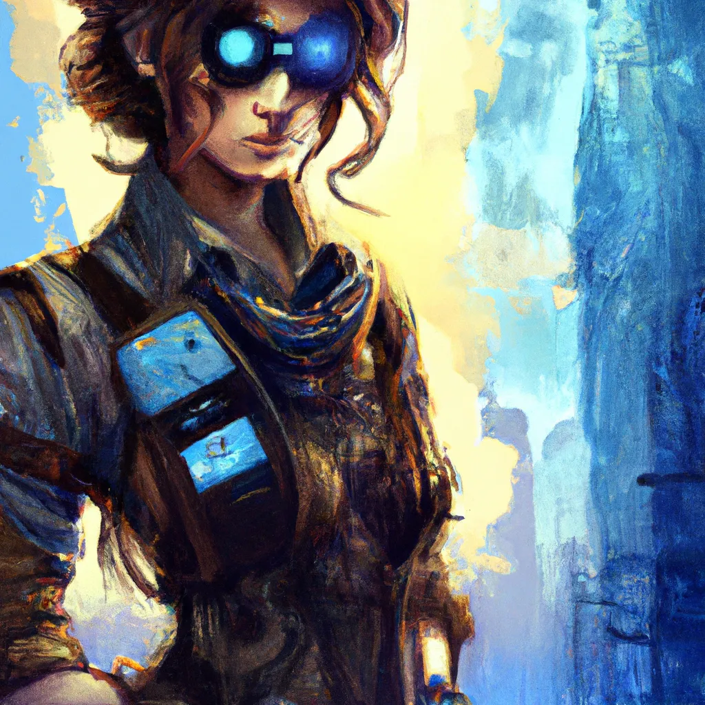 Prompt: Style of Bethesda's Fallout, character concept, mix human + Android, a woman with long brown wavy hair + long messy emo hair over one eye, Background + tall crumbling city + zombies, futuristic steampunk goggles, alluring blue eyes, Chanel makeup, blue T-Shirt with picture, bound in leather belts, Shotgun over shoulder, intricate details, realistic, 75mm 