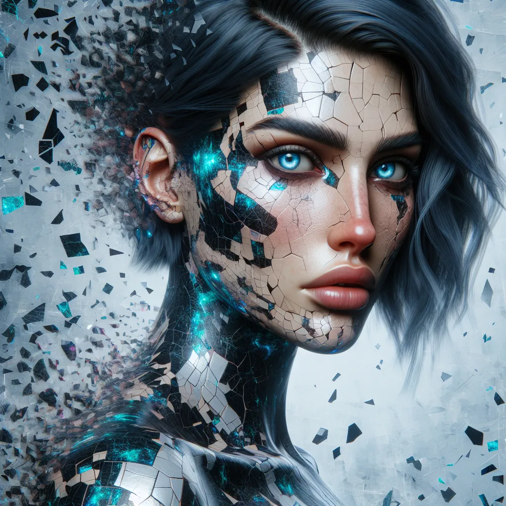 Prompt: full body from a woman with blue eyes and blue short hair with a broken body and face and a broken body is shown in this artistic photo with a broken background, analytical art, highly detailed realistic, cyberpunk art